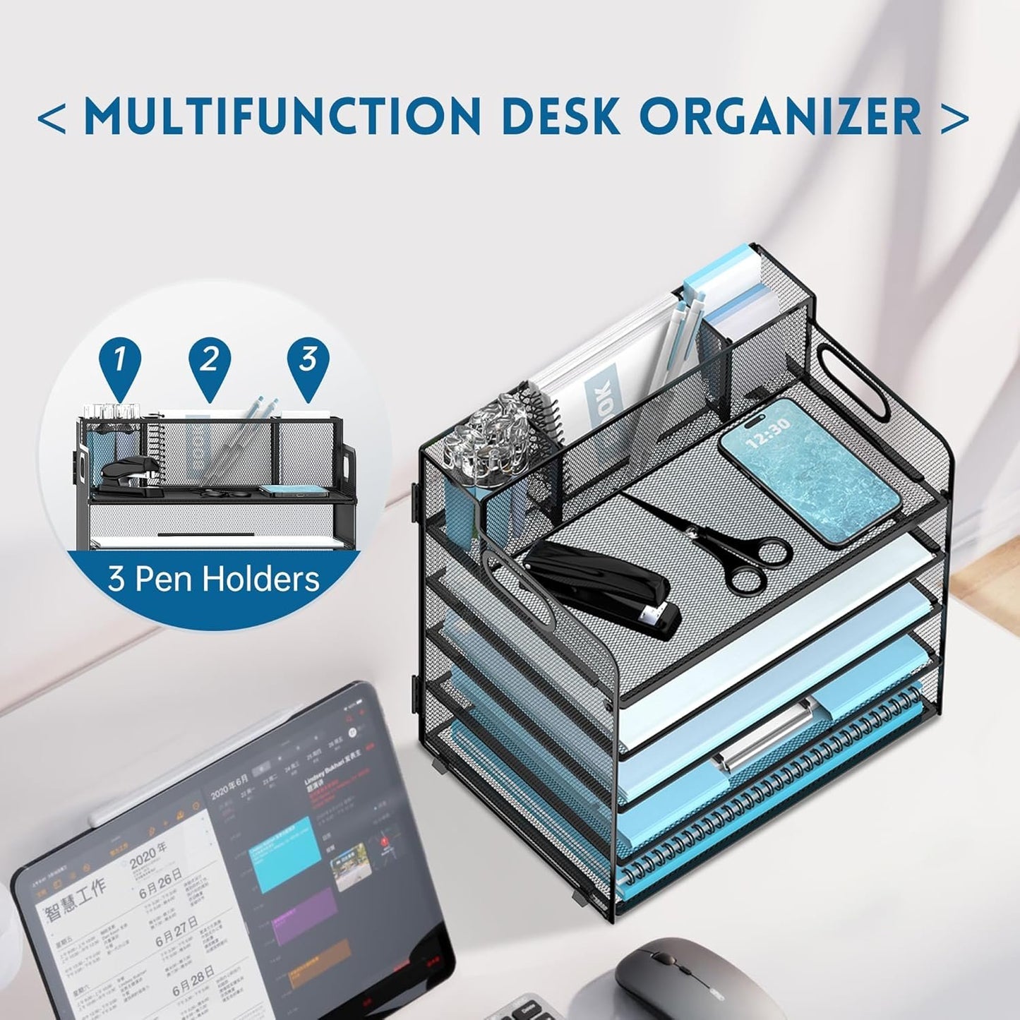 JMHUD 5-Tier Paper Letter Tray Organizer with Pen Holder, Mesh Desk Accessories & Workspace Organizers with Handle, File Sorter Office Supplies for Desk,Black