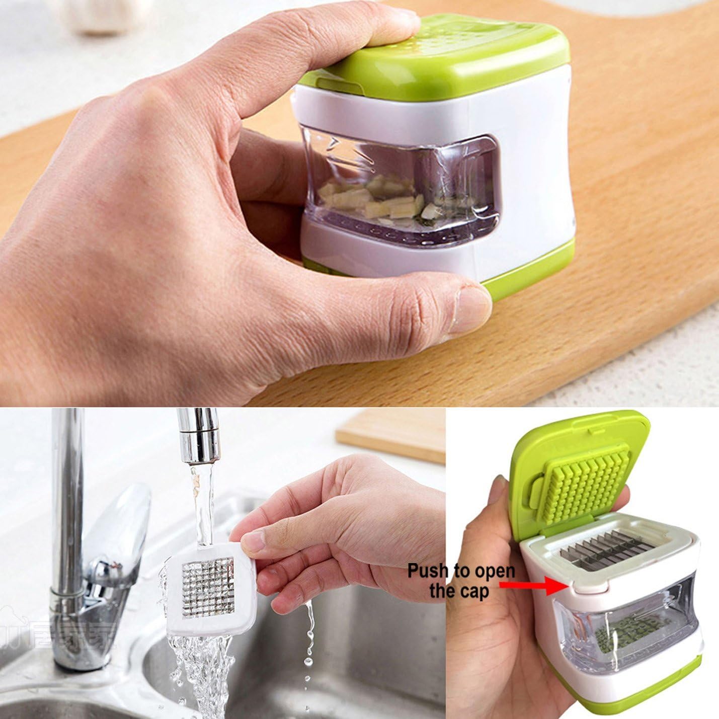 Coralpearl Garlic Ginger Press Cutter Mincer Chopper Crusher Slicer Grater Grinder Dicer Machine Food Aid in Plastic Stainless Steel with Silicone Peeler Kitchen Gadget Green Tool Set (Cube)