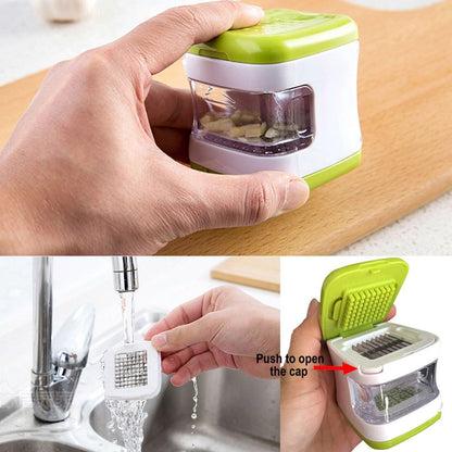Coralpearl Garlic Ginger Press Cutter Mincer Chopper Crusher Slicer Grater Grinder Dicer Machine Food Aid in Plastic Stainless Steel with Silicone Peeler Kitchen Gadget Green Tool Set (Cube)