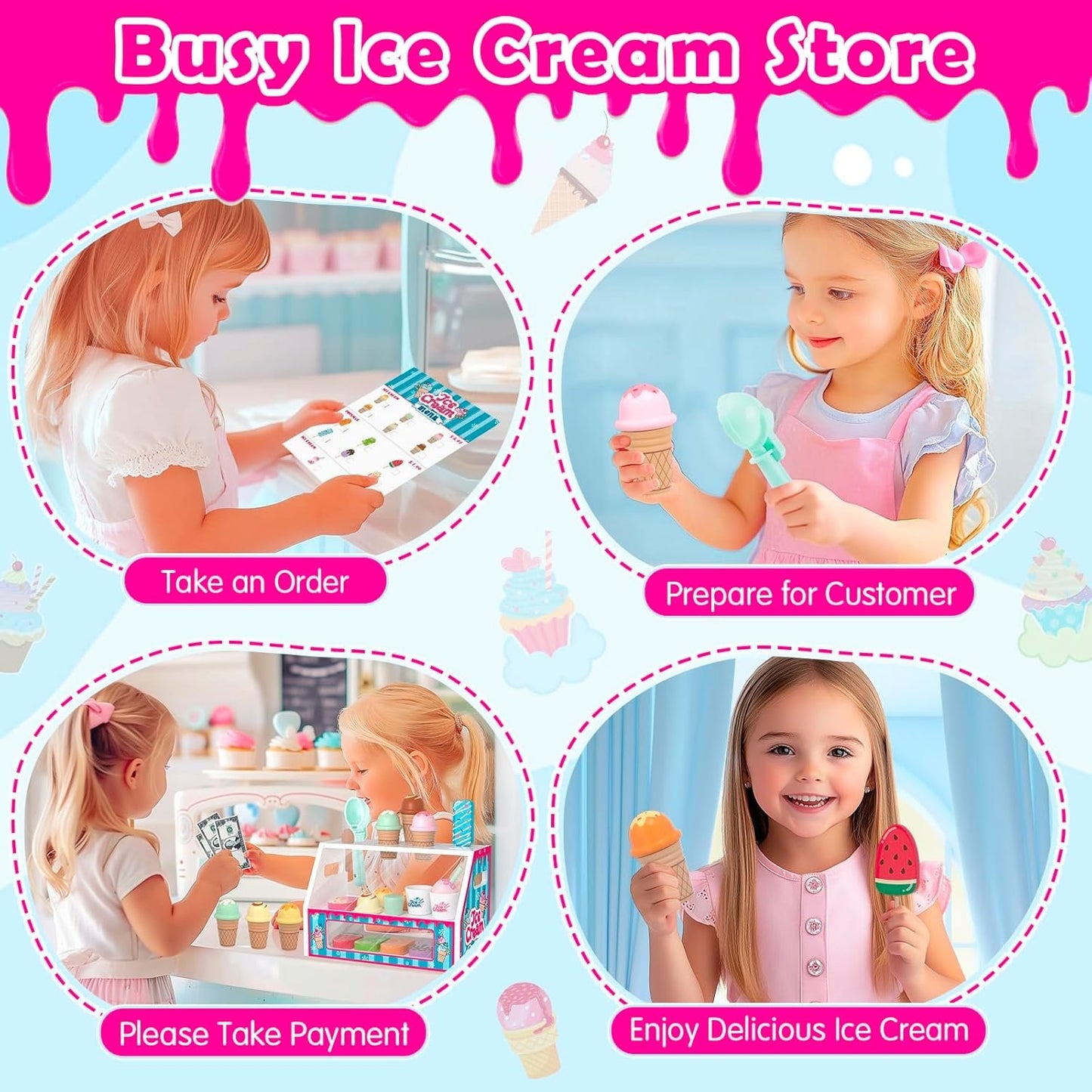 Wooden Ice Cream Toys Kids Toy Food for Toddler Girls 3+, Ice Cream Shop Playset, Pretend Play Kitchen Toys with Display Counter & Fake Money - Wooden Food Toys for 3 4 5 Year Old Girls Boys Birthday