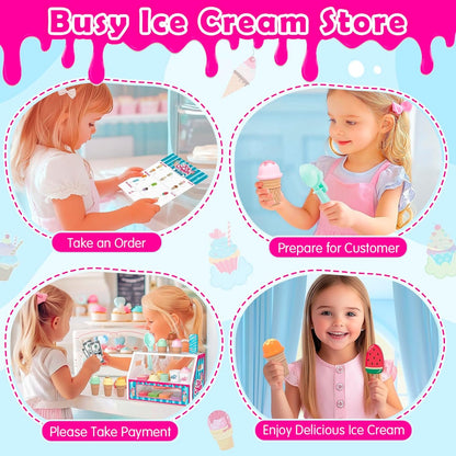 Wooden Ice Cream Toys Kids Toy Food for Toddler Girls 3+, Ice Cream Shop Playset, Pretend Play Kitchen Toys with Display Counter & Fake Money - Wooden Food Toys for 3 4 5 Year Old Girls Boys Birthday