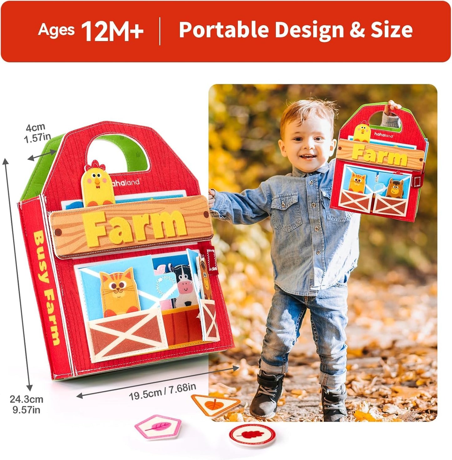 hahaland Montessori Busy Books for 1 Year Old, Farm Animals Busy Board for Toddlers 1-3 Montessori Toys 1 Year Old Boy Girl, Early Education, Independent Learning, Self-Exploration Travel Toys