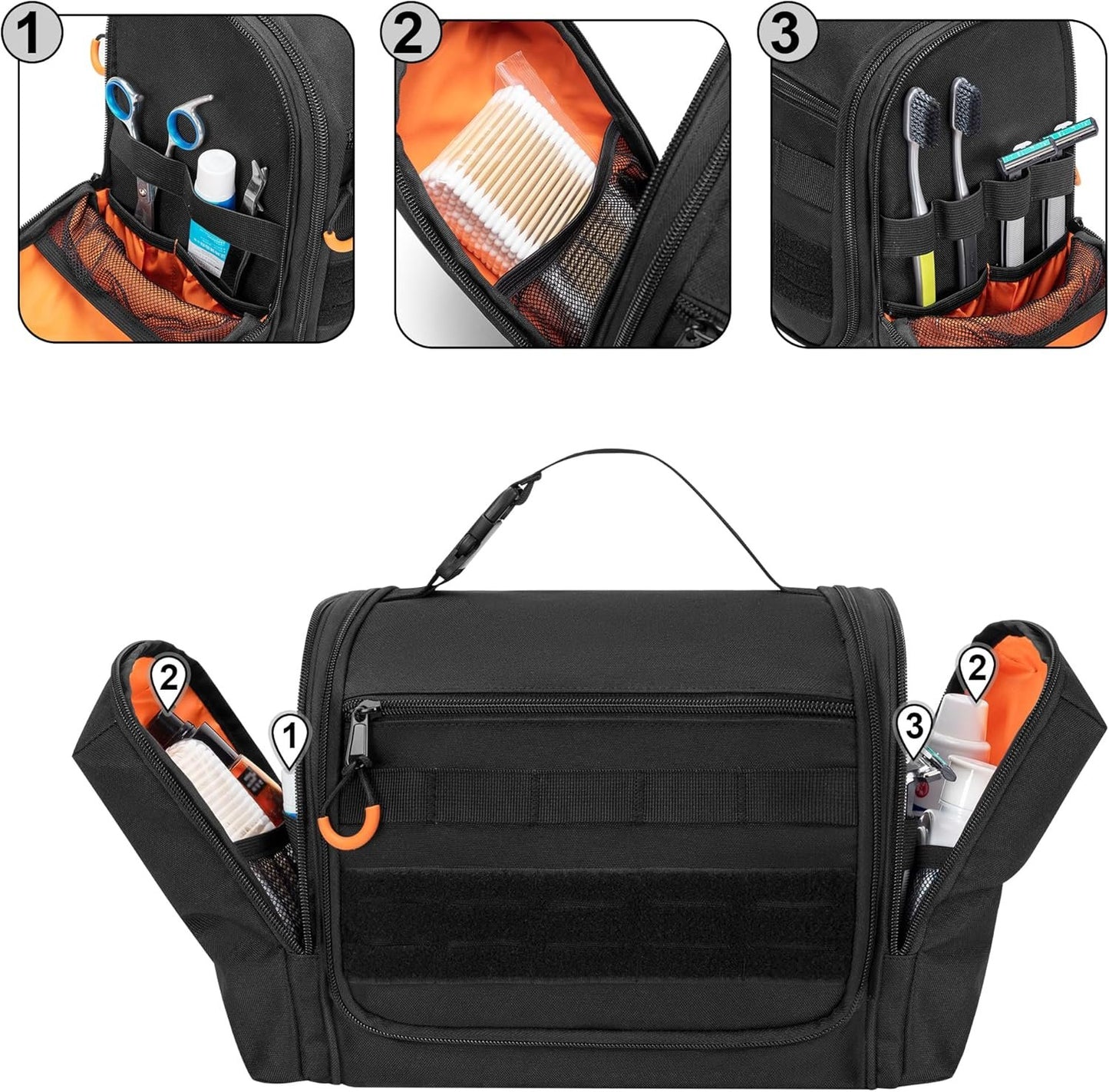 Prokva Tactical Toiletry Bag for Travel Men Dopp Kit Hygiene Bag Shower Organizer with Hooks for Toiletries and Shaving Care, Black