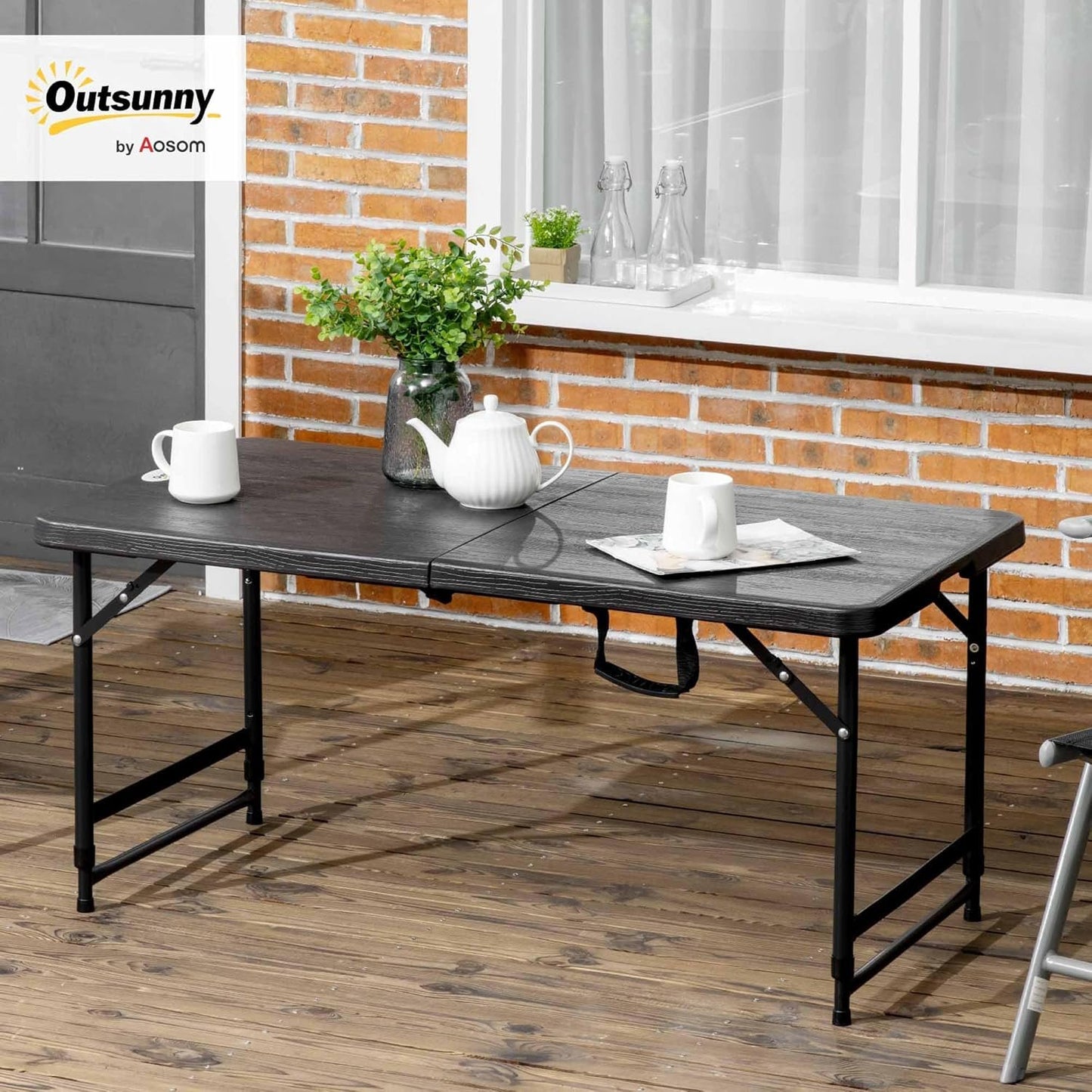 Outsunny 4 FT Folding Outdoor Dining Table for 4, Height Adjustable Rectangular Patio Table with HDPE Tabletop and Steel Frame, Dark Grey