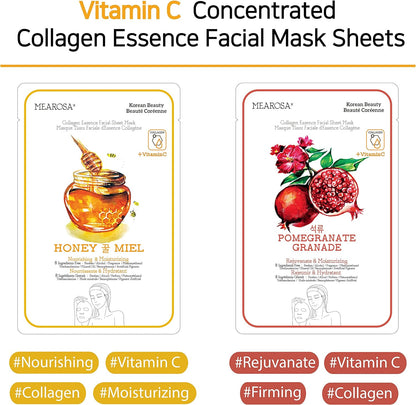 MEAROSA Facial Sheet Mask Korean SkinCare premium Quality Vitamin C Collagen Essence Sensitive skin(8 Sheet Variety pack)
