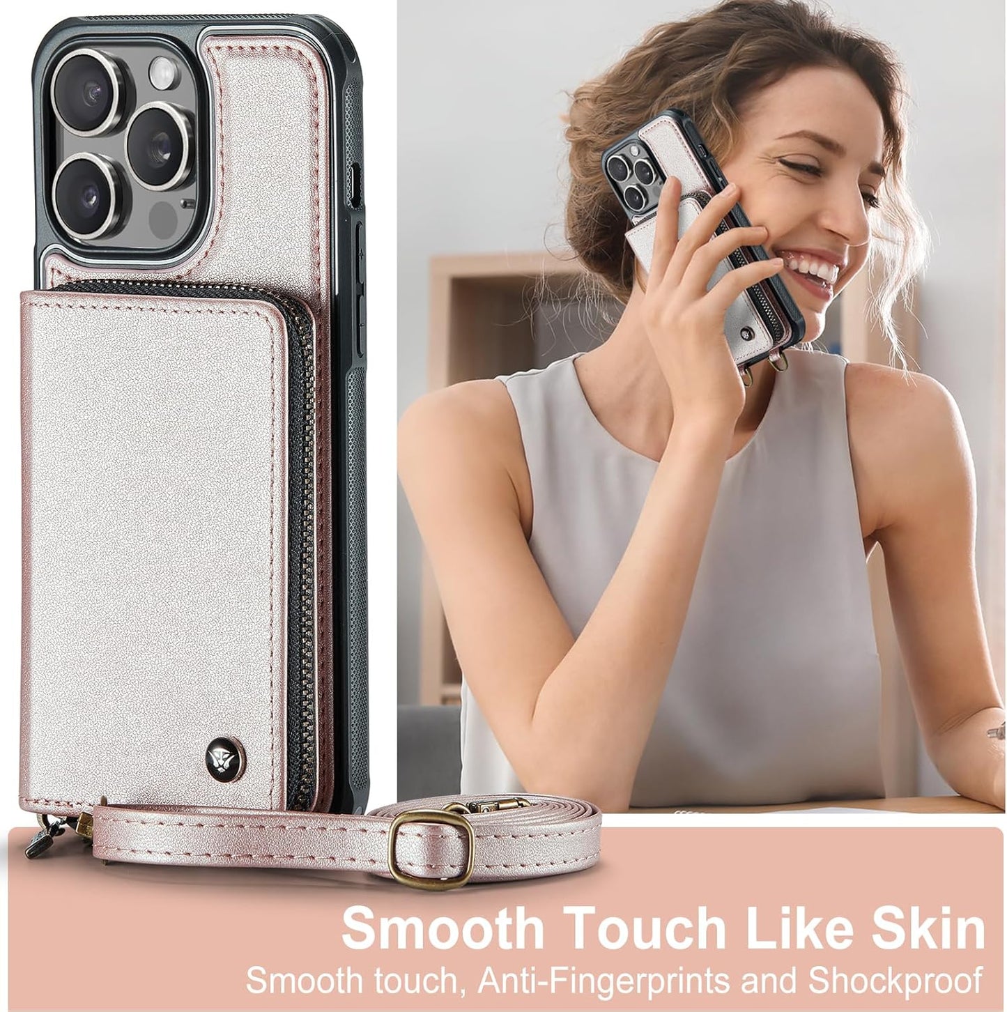 ELEPIK for iPhone 15 Pro Max Case, iPhone 15 Pro Max Crossbody Wallet Case with RFID Blocking Card Holder, Wrist Strap Purse Cover Women, Durable PU Leather Phone Case, Fashion Pink
