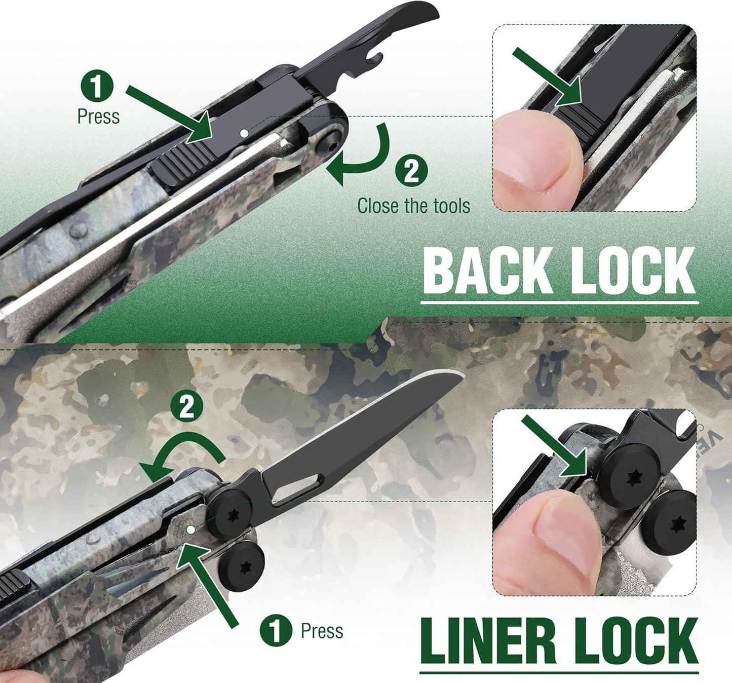 FLISSA 15-in-1 Multitool Pocket Knife with Sheath, Durable Stainless Steel Multi Tool Pliers for Men, Camo All-in-One Tool