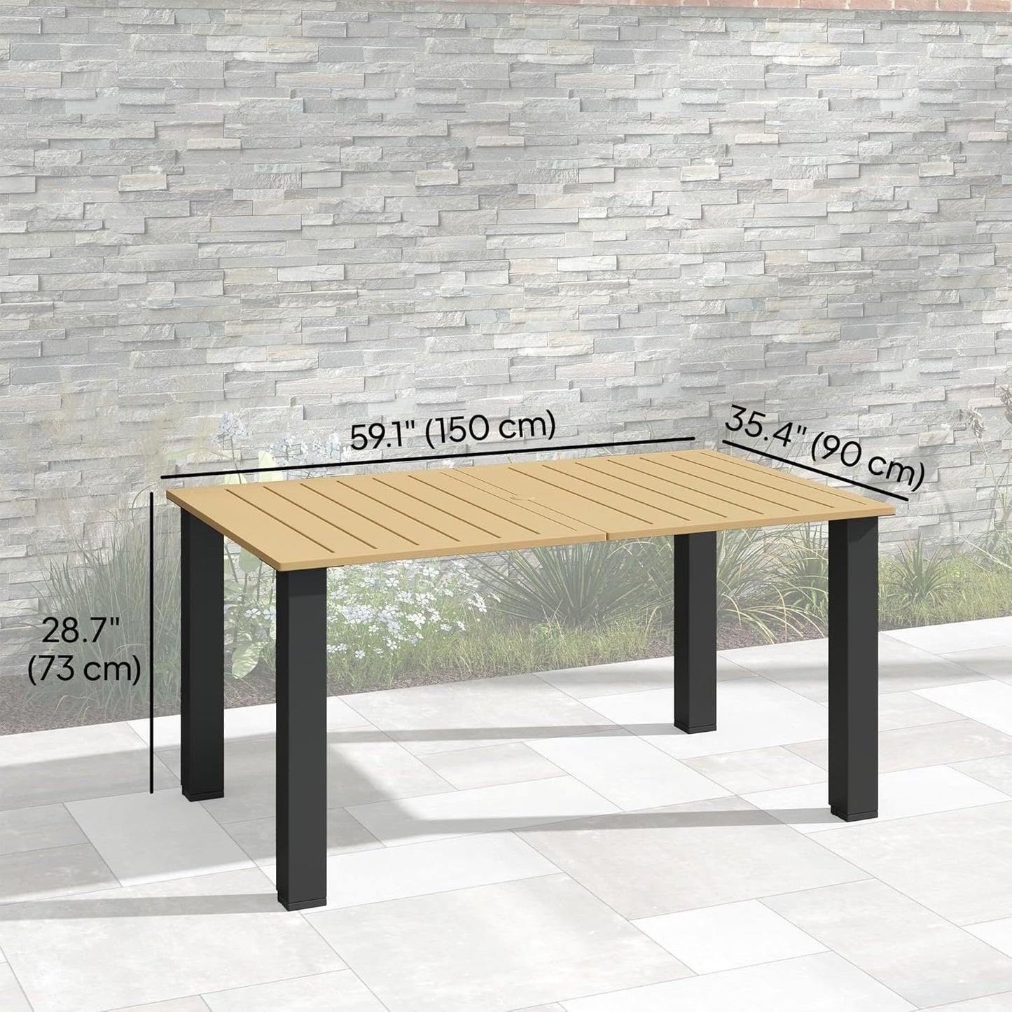 Outsunny 59" Outdoor Dining Table with Umbrella Hole for 6 People, Rectangle Patio Table with Slatted Metal Tabletop, Steel Frame for Backyard Garden Lawn Balcony, Brown