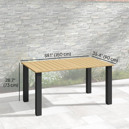Outsunny 59" Outdoor Dining Table with Umbrella Hole for 6 People, Rectangle Patio Table with Slatted Metal Tabletop, Steel Frame for Backyard Garden Lawn Balcony, Brown