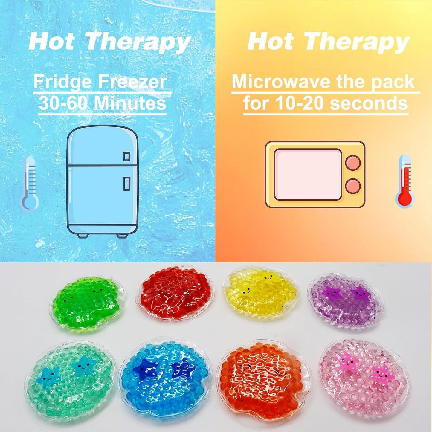 Boo Boo Ice Packs - 8 Small Gel Bead Cold Compress Packs, Instant Pain Relief for Injuries, Teething, Bumps & Bruises - Child-Safe Cooling Pads for First Aid Kits (8 Color Star Smile)