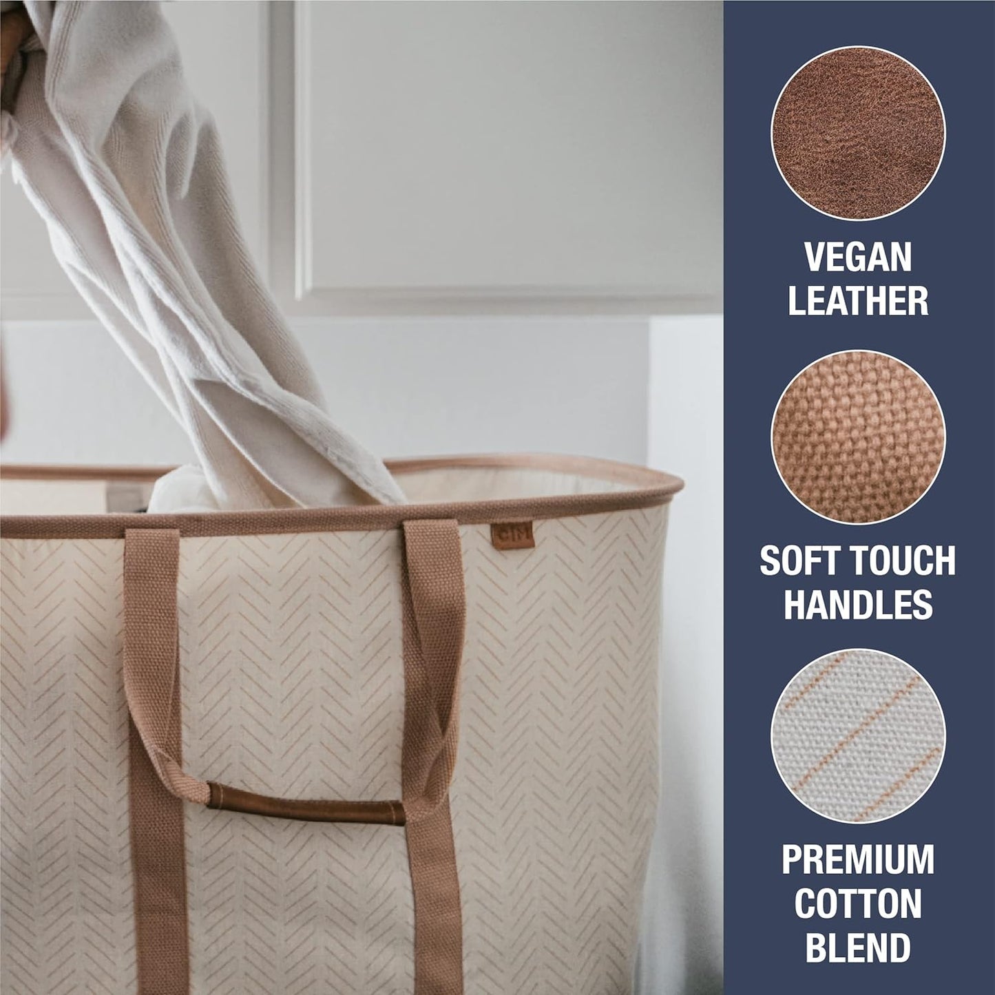 CleverMade Collapsible Laundry Tote - LUXE Cream Herringbone 2Pack 50L -Foldable Storage Organization Container Clothes Laundry Room Storage Solution