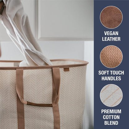 CleverMade Collapsible Laundry Tote - LUXE Cream Herringbone 2Pack 50L -Foldable Storage Organization Container Clothes Laundry Room Storage Solution