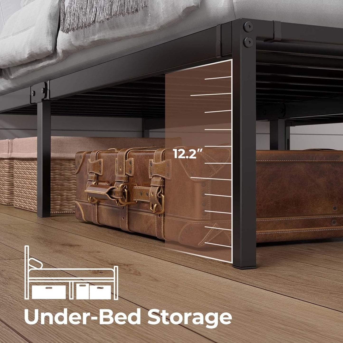 Rolanstar Bed Frame with USB Charging Station, Queen Bed Frame with LED Lights, Platform Bed Frame with Heavy Duty Steel Slats, 14" Storage Space Beneath Bed, No Box Spring Needed, Noise Free, Black