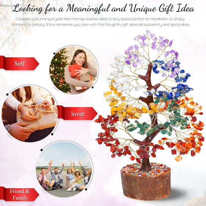 Crocon Seven Chakra Natural Gemstone Healing Tree Bonsai for Crystal Healing Reiki Balance Good Luck Wealth Prosperity Home Decor Spiritual Decoration Meditation Gift 10-12"