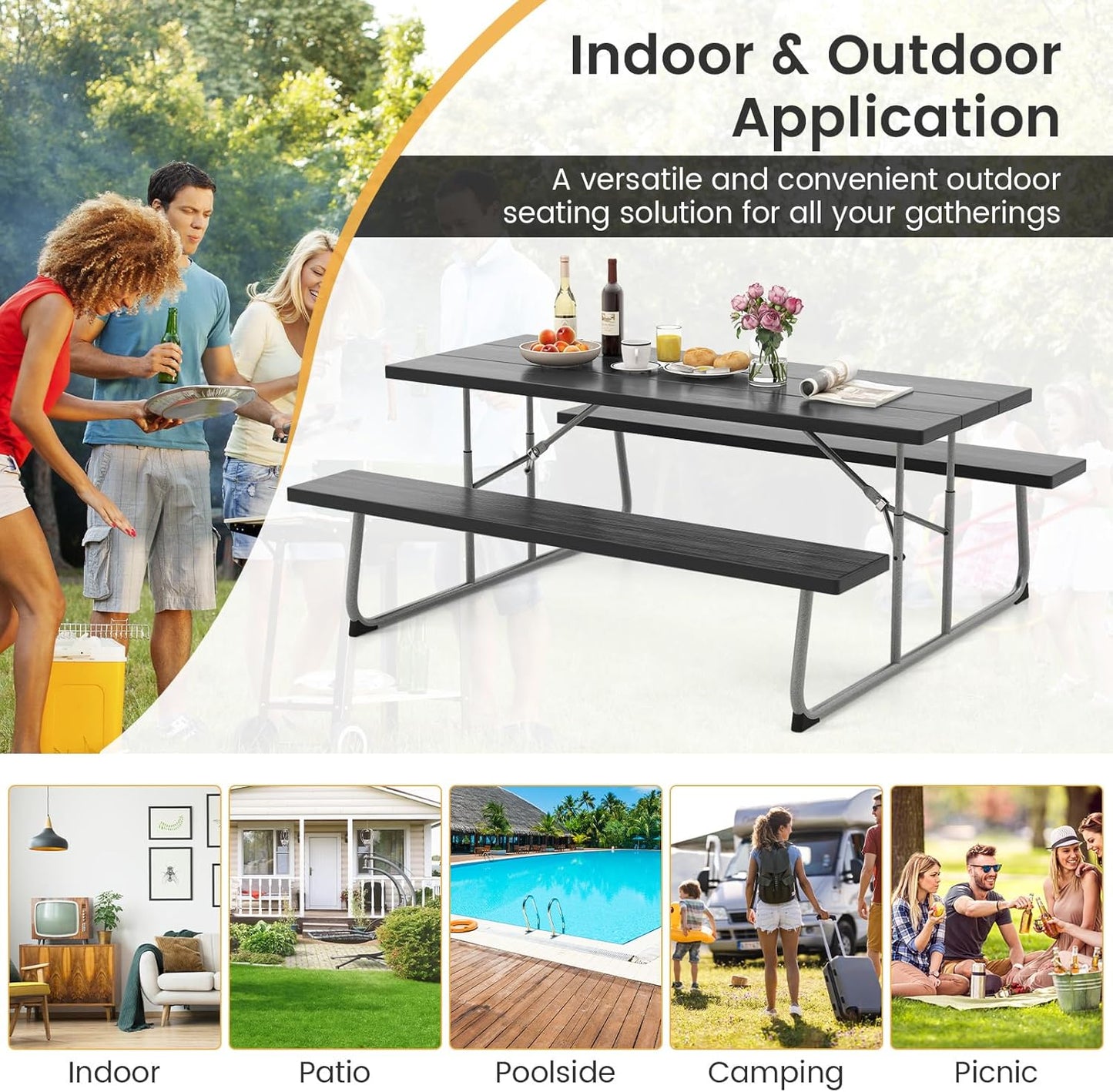 Costway Folding Picnic Table with 2 Benches, 1.8m Camping Table Set w/Metal Frame & All-Weather HDPE Tabletop, Umbrella Hole, 8-Person Large Outdoor Dining Table for Garden Yard Poolside (Black)