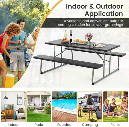 Costway Folding Picnic Table with 2 Benches, 1.8m Camping Table Set w/Metal Frame & All-Weather HDPE Tabletop, Umbrella Hole, 8-Person Large Outdoor Dining Table for Garden Yard Poolside (Black)