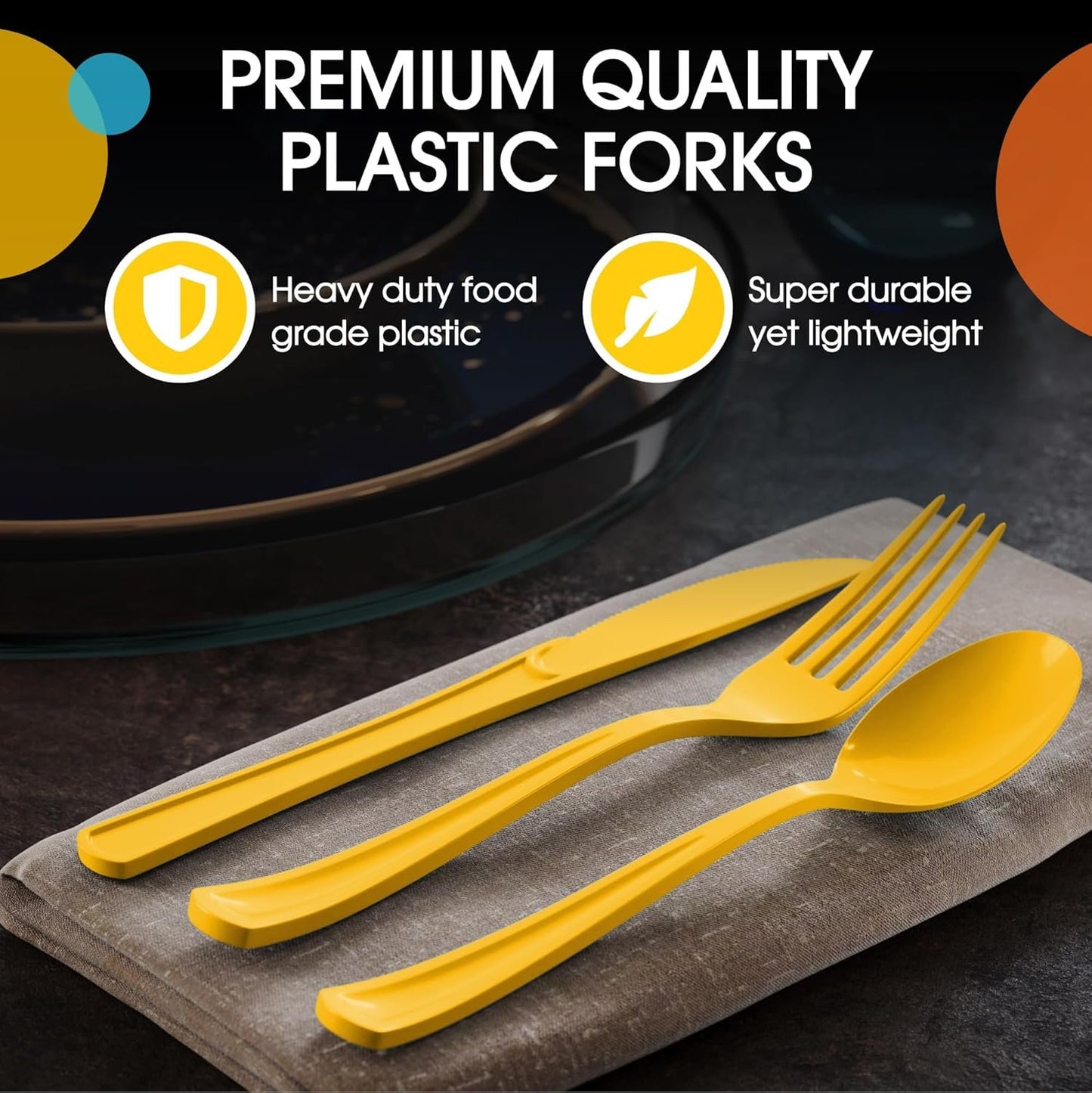 Yellow Plastic Silverware Heavy Duty 150 Pcs Yellow Plastic Cutlery Sets, Utensil Sets, 50 Of Each Forks, Knives & Spoons Disposable Cutlery Set, Flatware Set For Party Supplies Party Solids