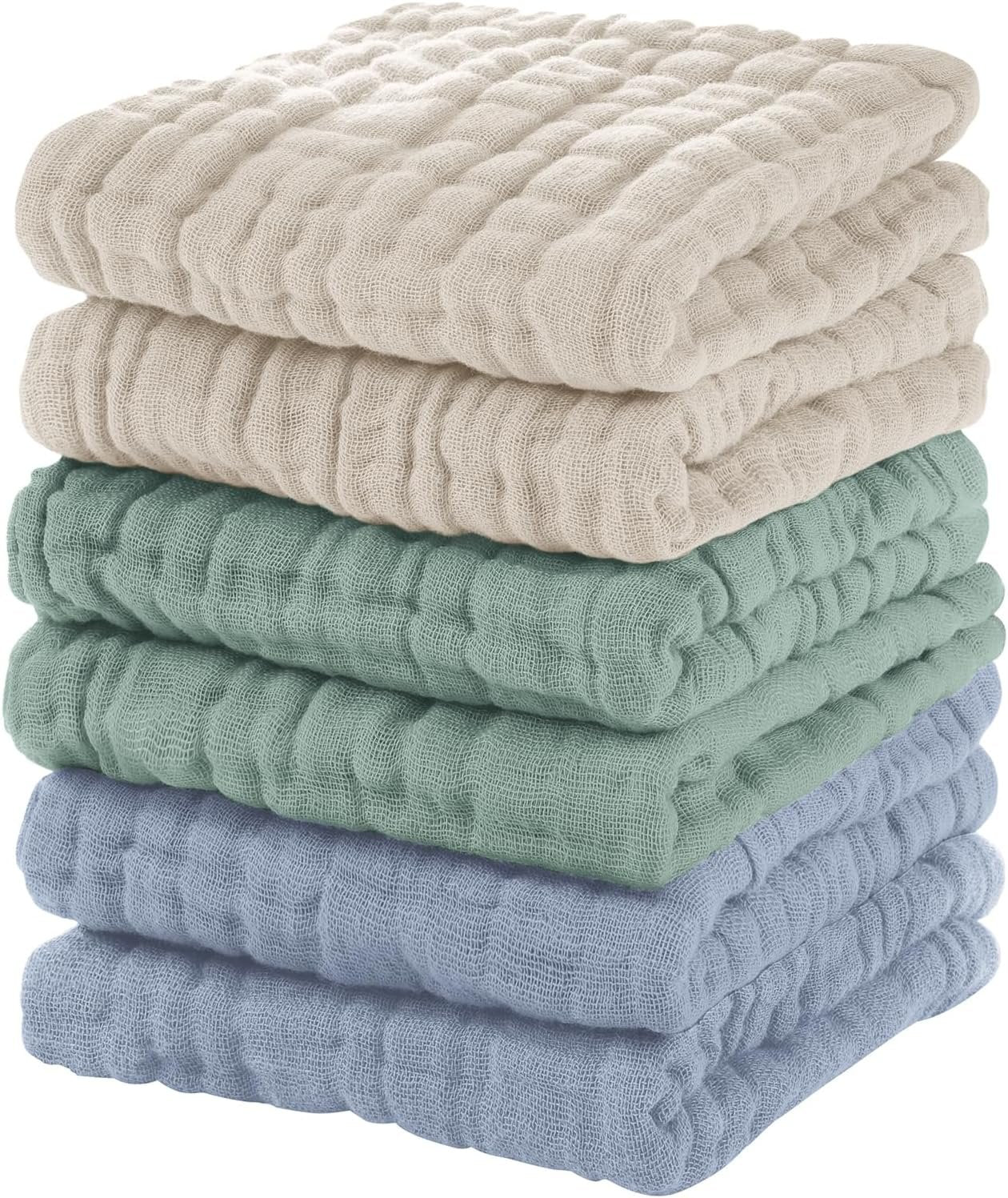 Unnivoll Muslin Baby Washcloths 6 Pack, 100% Cotton Burp Cloths Baby, Large 12''X12'' Baby Wash Cloths Absorbent and Soft for Newborn Infants Kids Boys Girls Apricot Green Sapphire Blue