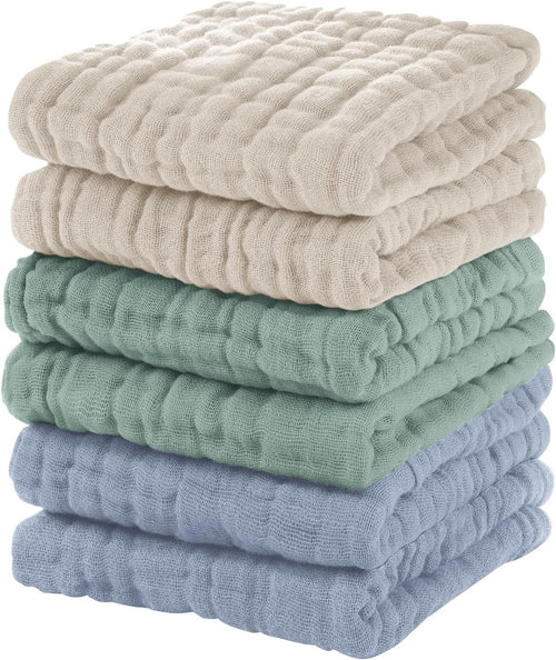 Unnivoll Muslin Baby Washcloths 6 Pack, 100% Cotton Burp Cloths Baby, Large 12''X12'' Baby Wash Cloths Absorbent and Soft for Newborn Infants Kids Boys Girls Apricot Green Sapphire Blue