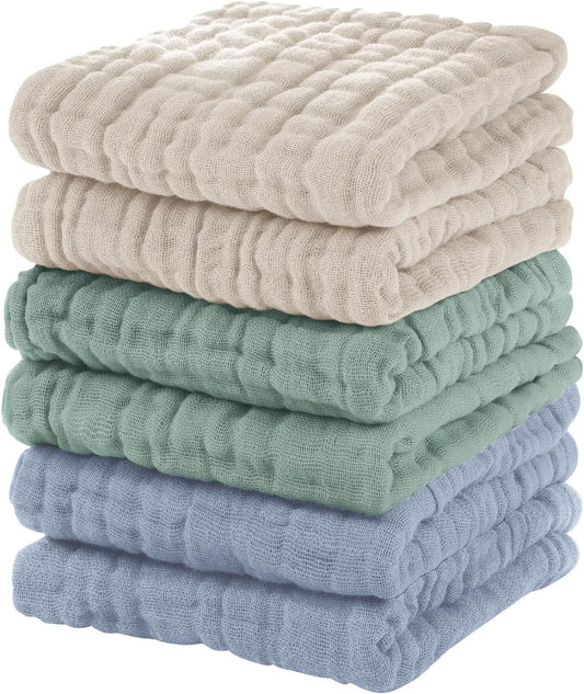 Unnivoll Muslin Baby Washcloths 6 Pack, 100% Cotton Burp Cloths Baby, Large 12''X12'' Baby Wash Cloths Absorbent and Soft for Newborn Infants Kids Boys Girls Apricot Green Sapphire Blue