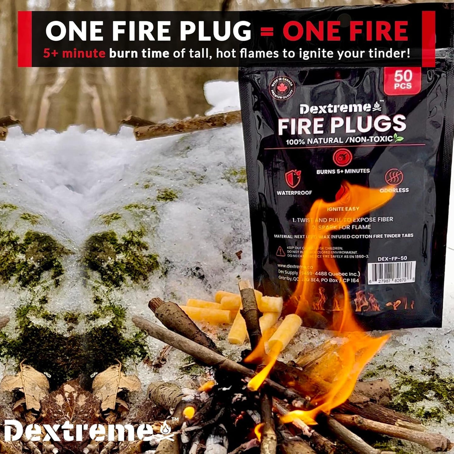 Dextreme Fire Plugs 50 Pcs Weatherproof Fire Starter for Campfires, Emergencies, Survival, Fire Pits, Grills | Can Light 50+ Fires | 5+ Minute Burn | All Natural | Made in Canada