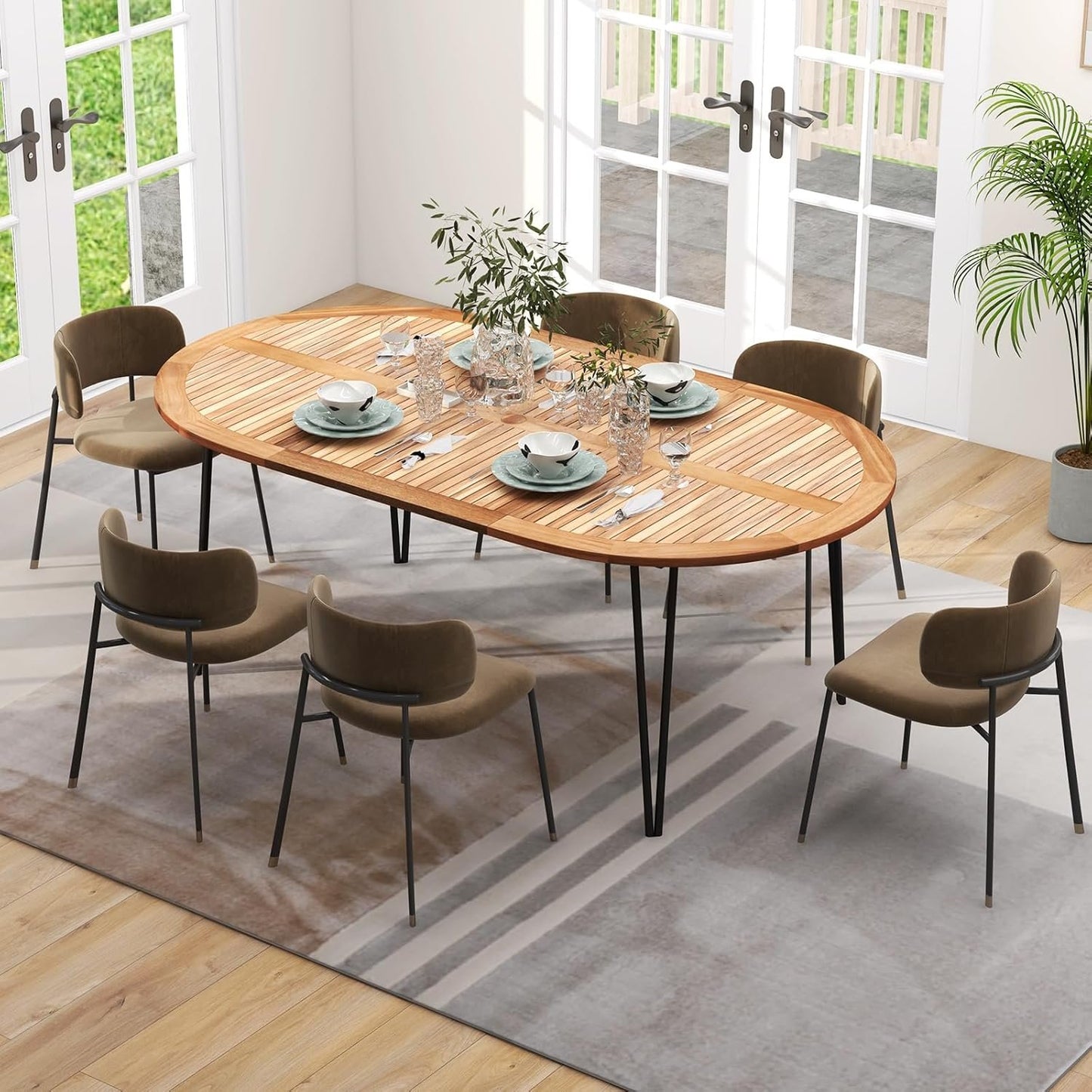 Tangkula 79-Inch Patio Dining Table, Indoor & Outdoor Dining Table w/Umbrella Hole, Acacia Wood Tabletop & Sturdy Metal Legs, Wood Oval Table for 8 People for Patio Yard Garden Deck