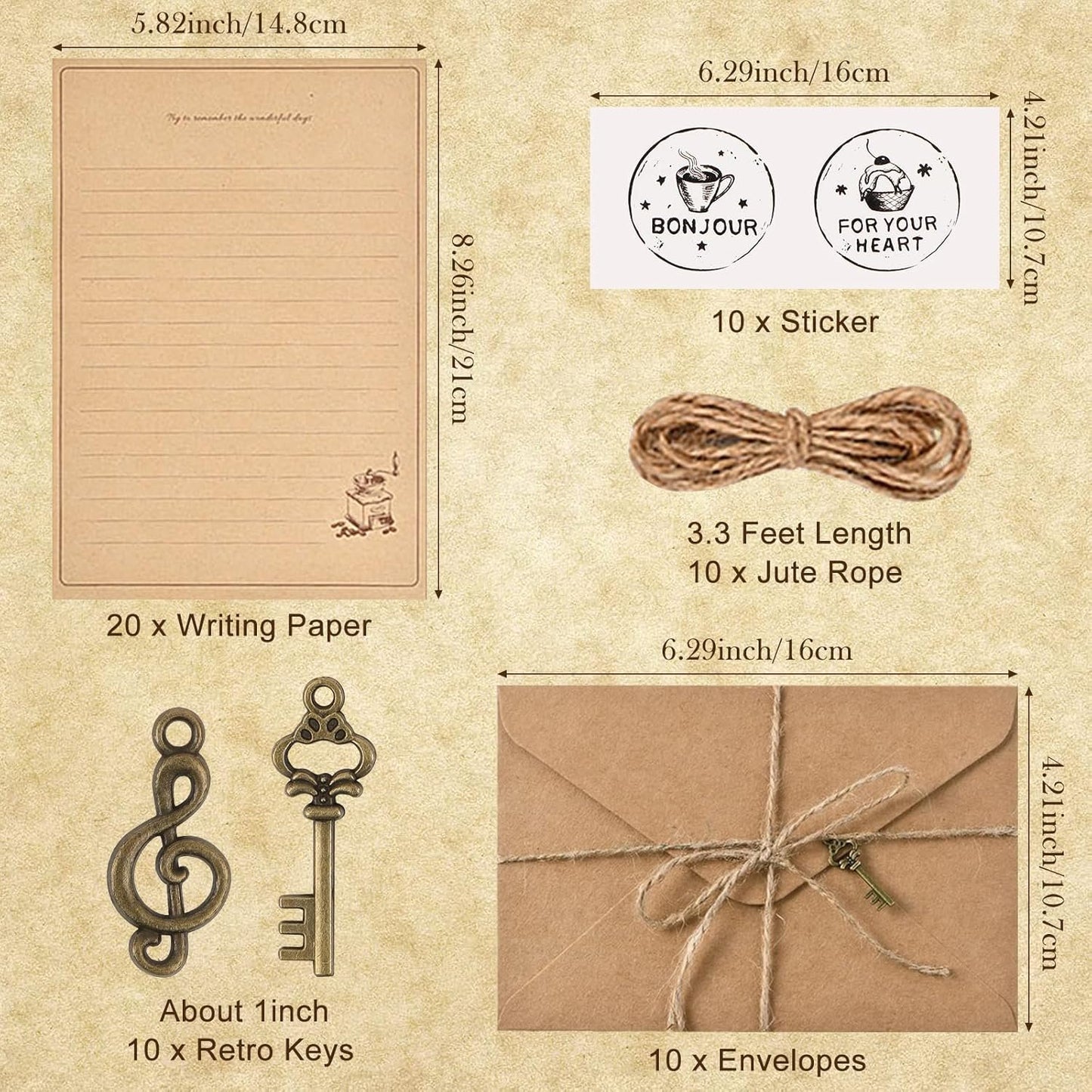 KUANVE Set of 5 Vintage Stationery Paper and Envelopes Set, 20 Sheets Antique Lined Aged Letter Writing Paper, 10 Matching Envelopes, 10 Hemp Ropes, 10 Retro Keys and 10 Sealing Stickers