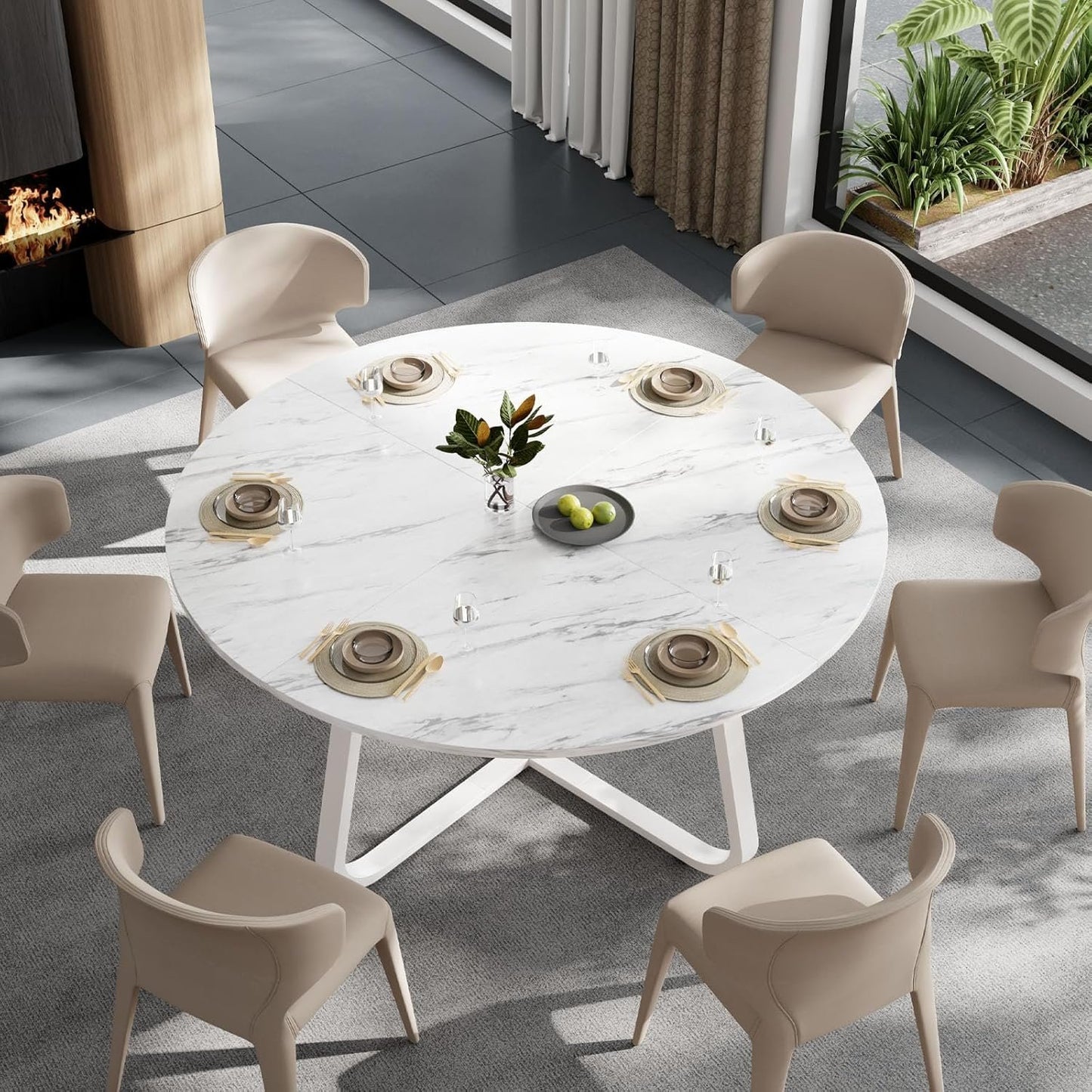 LVB White Faux Marble Round Dining Table, Circle Dining Table Kitchen 4-6 People, Mid-Century Pedestal Dinner Office Living Room, White Marble, 51 Inch