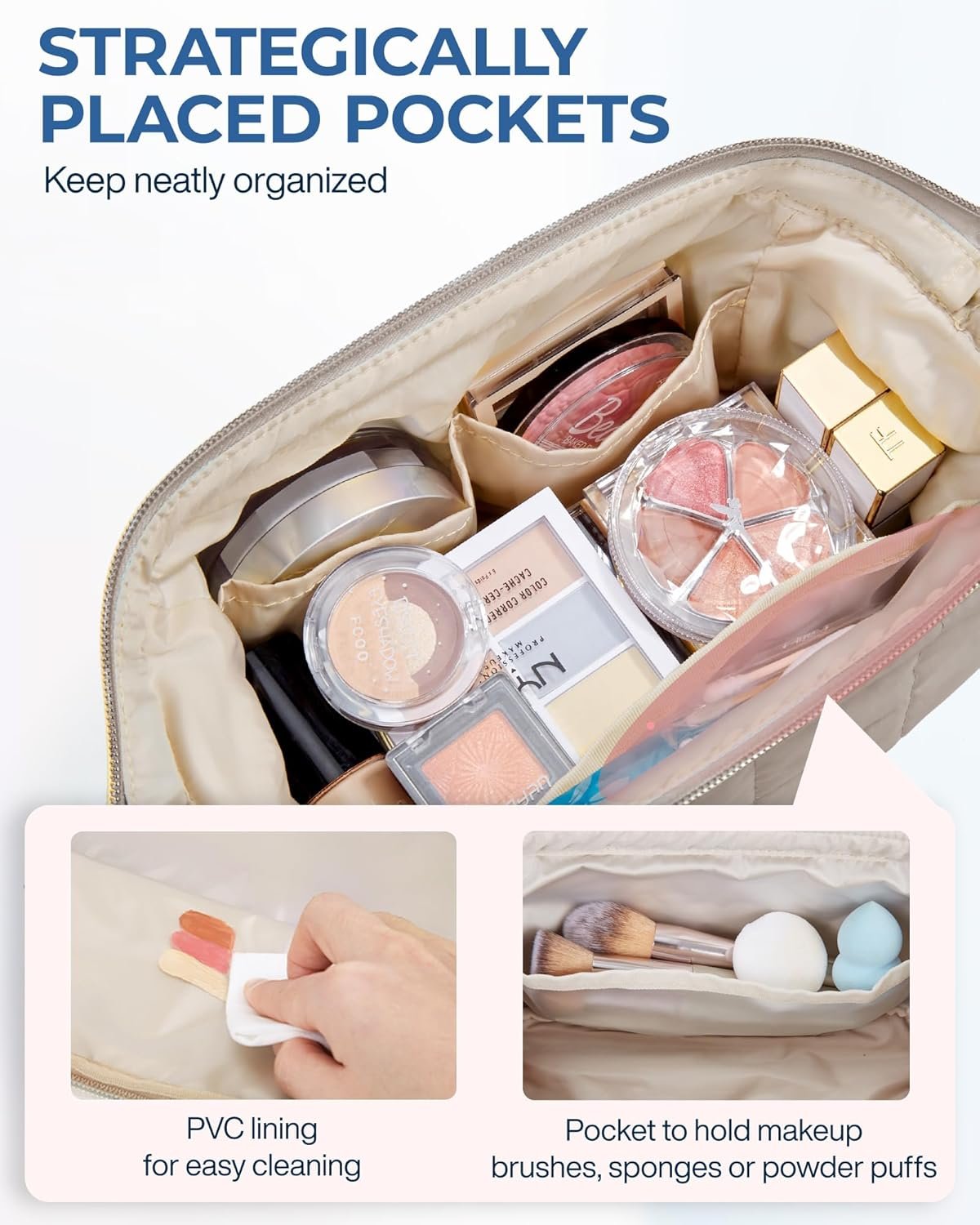 BAGSMART Makeup Bag Travel Cosmetic Bag, Puffy Padded Make Up Bags for Women Makeup Organizer Case, Wide-open Pouch Purse Travel Essentials Toiletries Accessories Brushes, I-Camel, A-M