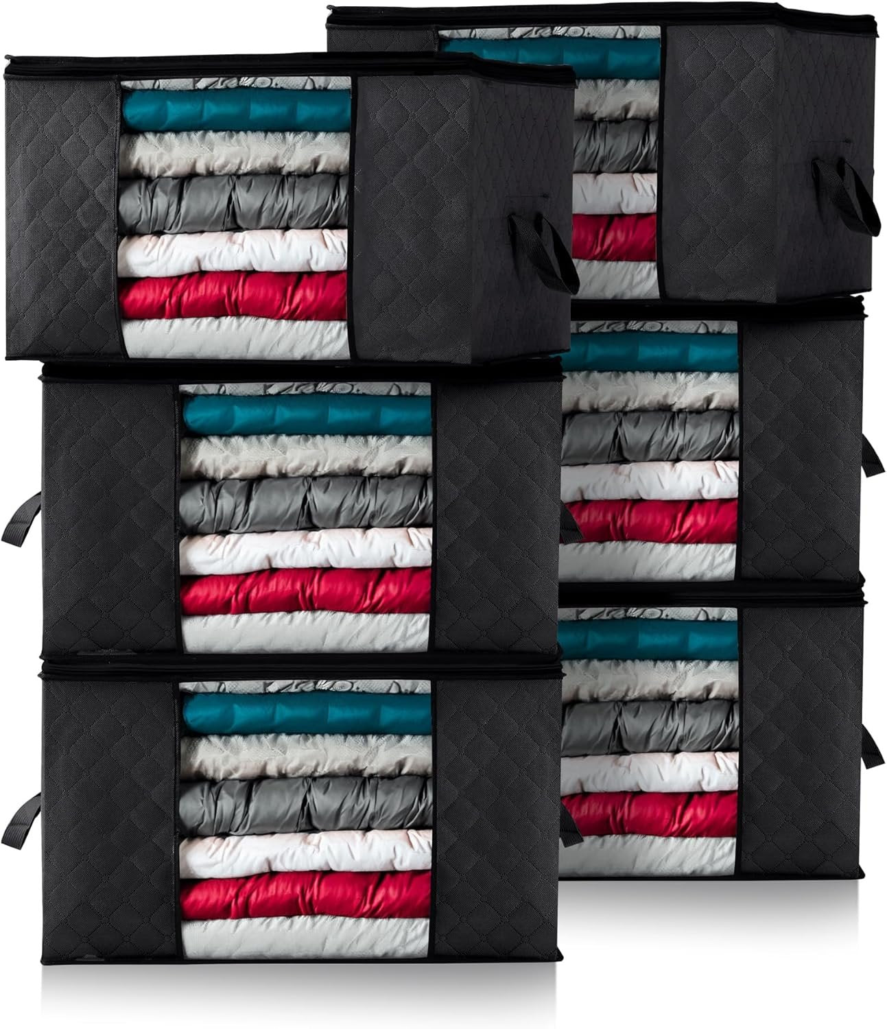 Storage-Bags-for-Clothes Bedding Storage Containers with Zipper Lids, Closet Collapsible Clothing Bins for Linen Blanket, 6 Pack, 90L, Black