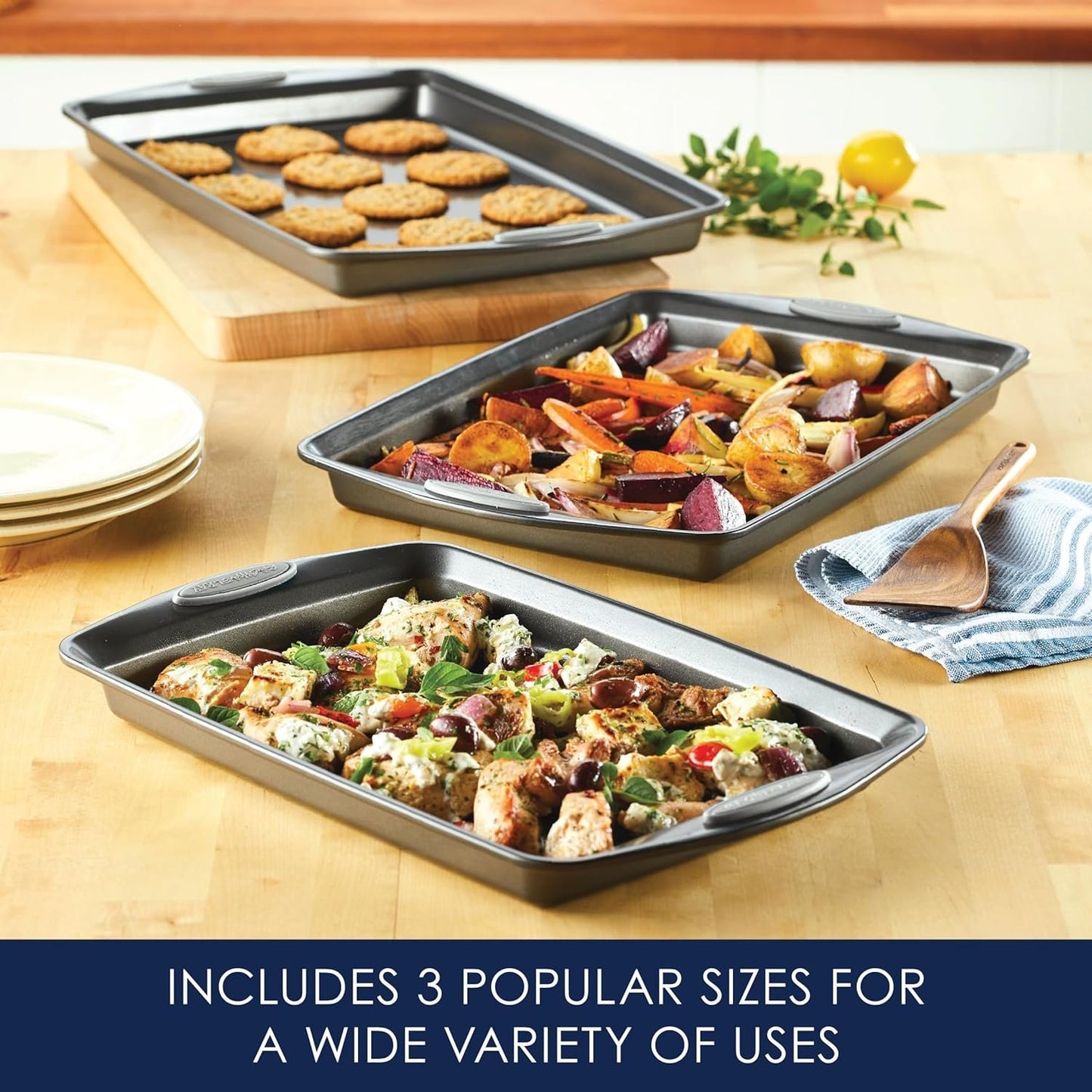 Rachael Ray 47577 3-Piece Cookie Pan Steel Baking Sheet Set, Sea Salt Gray Grips