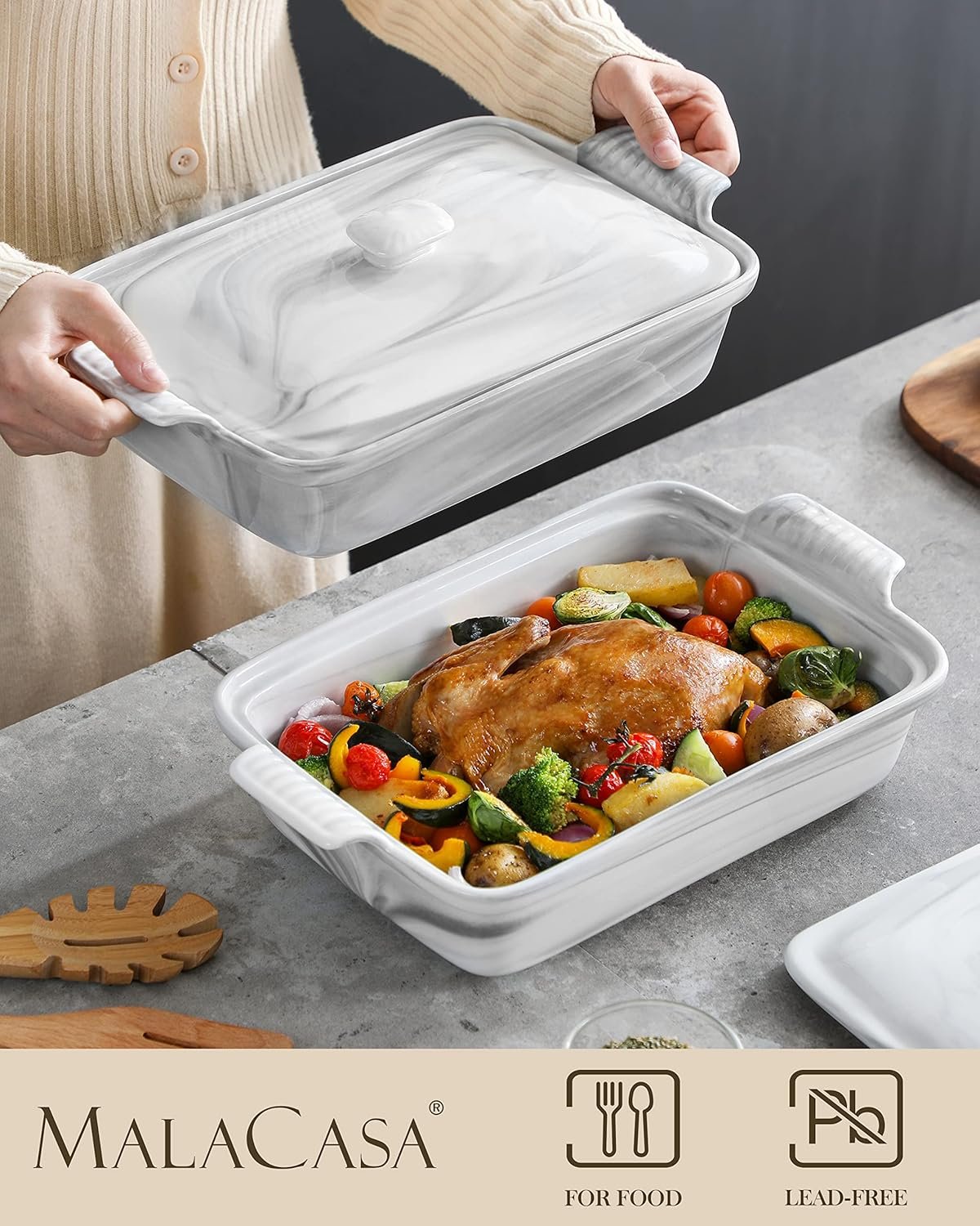 MALACASA Casserole Dish With Lid, 3.4 Quart Baking Dish With Lid, Deep Lasagna Pan Ceramic Bakeware Covered Casserole Dish Set, Microwave, Oven, Dishwasher Safe, 12 x 8.9 x 3 inch, Series BAKE-GREY