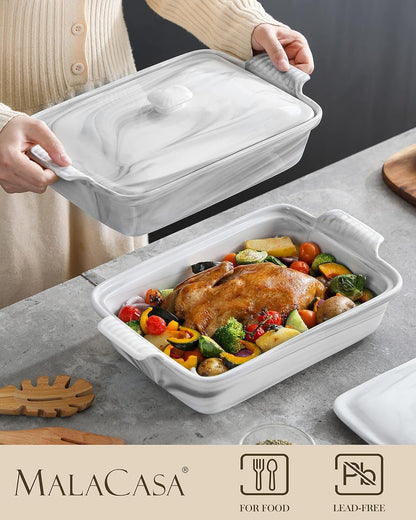 MALACASA Casserole Dish With Lid, 3.4 Quart Baking Dish With Lid, Deep Lasagna Pan Ceramic Bakeware Covered Casserole Dish Set, Microwave, Oven, Dishwasher Safe, 12 x 8.9 x 3 inch, Series BAKE-GREY