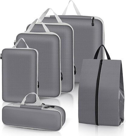 Packing Cubes 6PCS Compression Packing Cubes Extensible Organizer Bags for Travel Suitcase Luggage Organization Organiser Set Travel Luggage Packing for Travel or Home Storage Grey