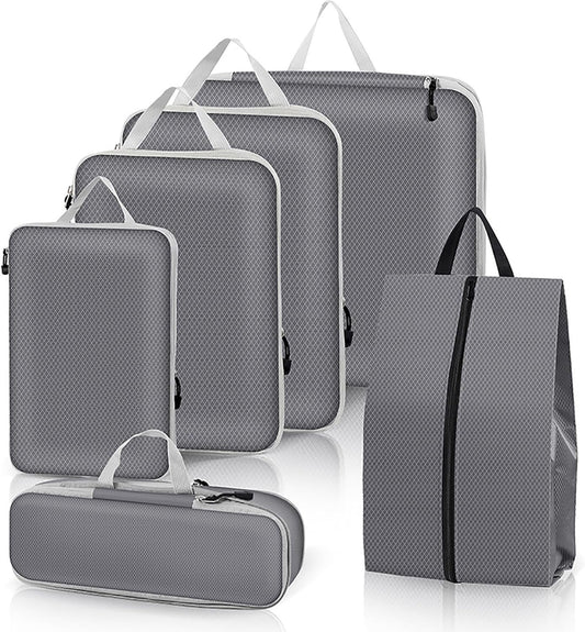 Packing Cubes 6PCS Compression Packing Cubes Extensible Organizer Bags for Travel Suitcase Luggage Organization Organiser Set Travel Luggage Packing for Travel or Home Storage Grey