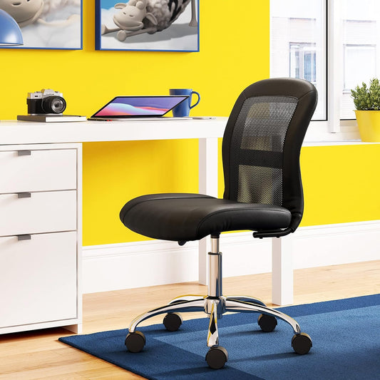 Serta Essentials Ergonomic Armless Low-Back Computer Swivel Task Chair, Faux Leather and Mesh, Black