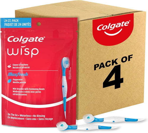 Colgate MaxFresh Wisp Disposable Mini Toothbrush, Built-in Freshening Bead, Peppermint Flavor for Instant Clean & Fresh Breath, No Water Required, Perfect for Travel & Braces, 24 Count (Pack of 4) .