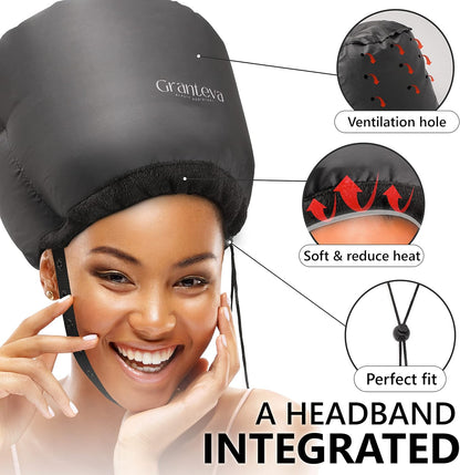 Hooded Hair Dryer w/A Headband Integrated That Reduces Heat Around Ears & Neck - Hair Dryer Hooded Diffuser Cap for Curly, Speeds Up Drying Time, Safety Deep Conditioning At Home - Portable, Large
