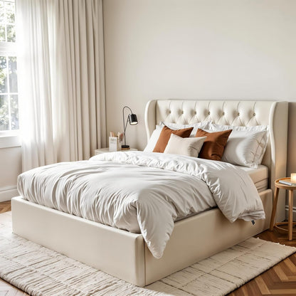 Brittany Velvet Queen Bed Frame with Storage, Metal Bed Frame Queen Size with Headboard & Hydraulic Storage, Modern Wingback Design