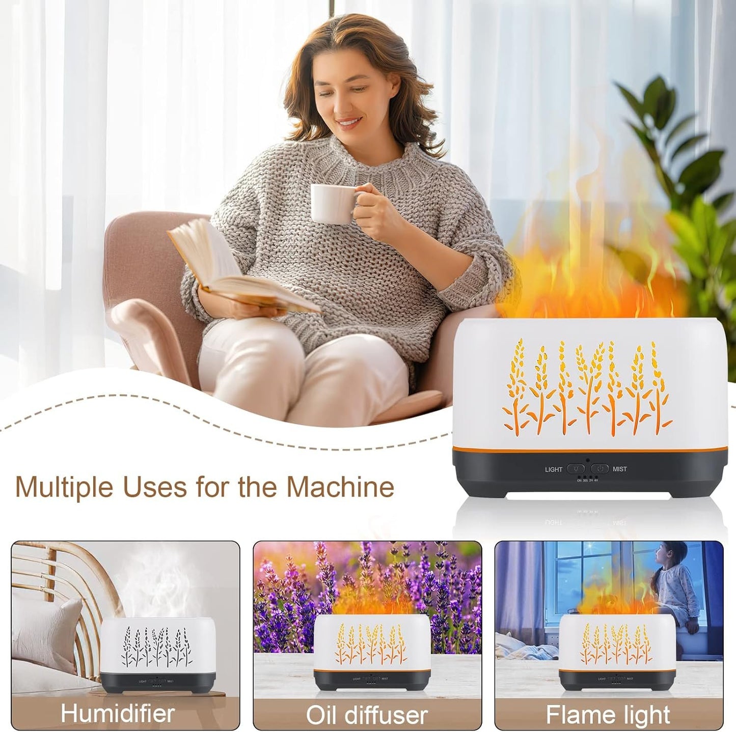 NEWYID Essential Oil Diffuser, 240ml Ultrasonic Flame Oil Diffuser, 3 Mist Mode 4 Timer Up to 12H of Continuous Aroma Waterless Auto-Off Aromatherapy Diffuser for Home Office