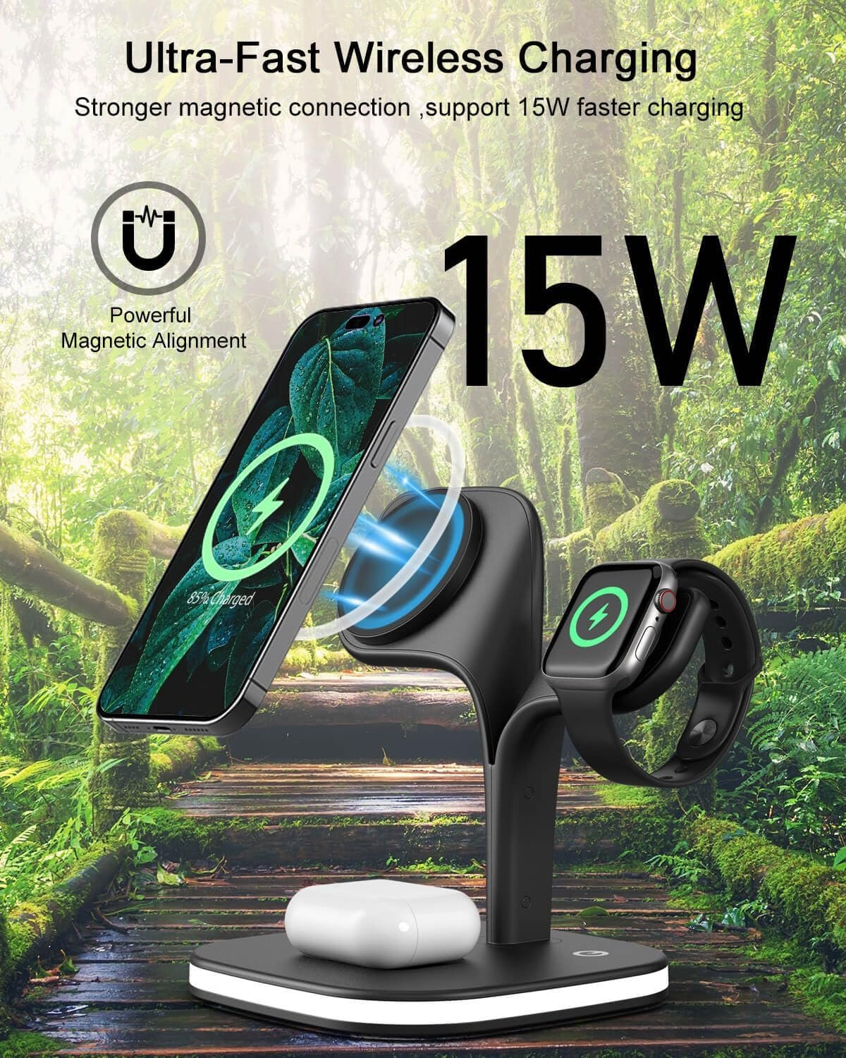 3 in 1 Wireless Charger for Apple Multiple Devices, LDOBL MagSafe Charger with Night Light for iPhone 16 15 14 13 12 Pro Max Mini Plus, Apple Watch Ultra 10 9 8 7 SE 6 5 4 3 2, AirPods 4 3 Pro 2 (BLK)