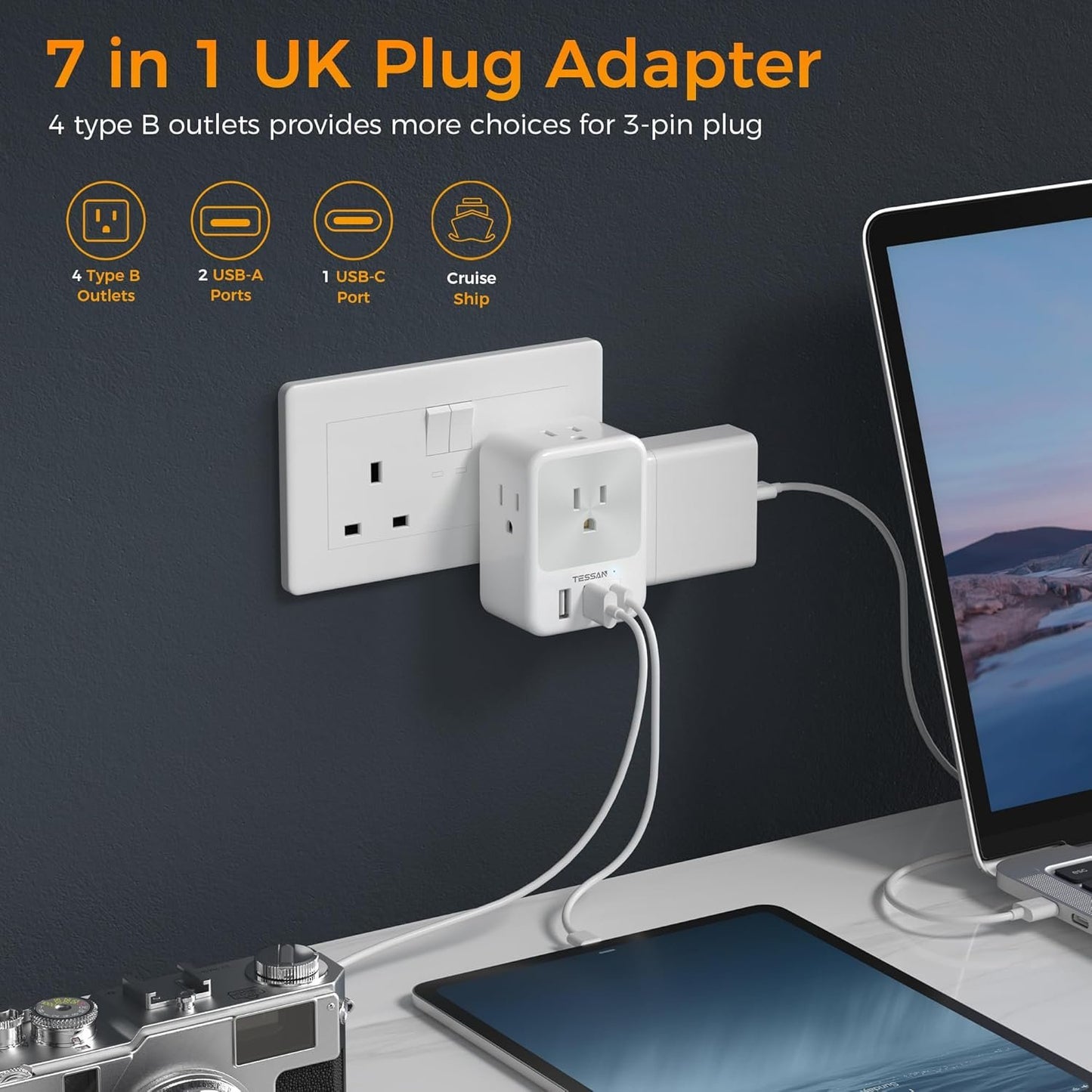 UK Plug Adapter, TESSAN Canada to UK Power Adapter with 4 Outlets 3 USB (1 USB C Port), Type G Travel Plug for England British Ireland Scotland Dubai, 2 Pack