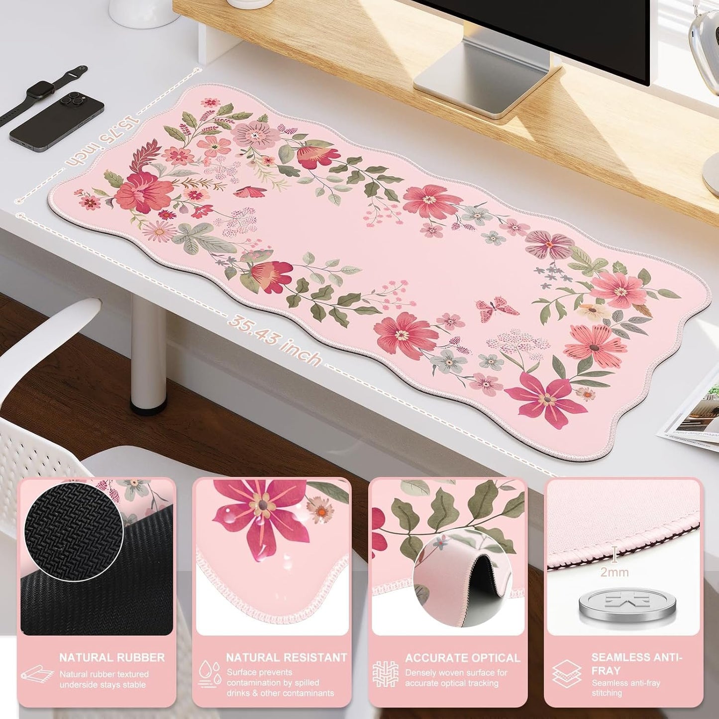 iCasso Desk Mat, XXL Large Mouse Pad for Desktop, Cute Pad With Stitched Edges, Anti-Slip Big Mousepad, Keyboard Mat for Computer (Pink)