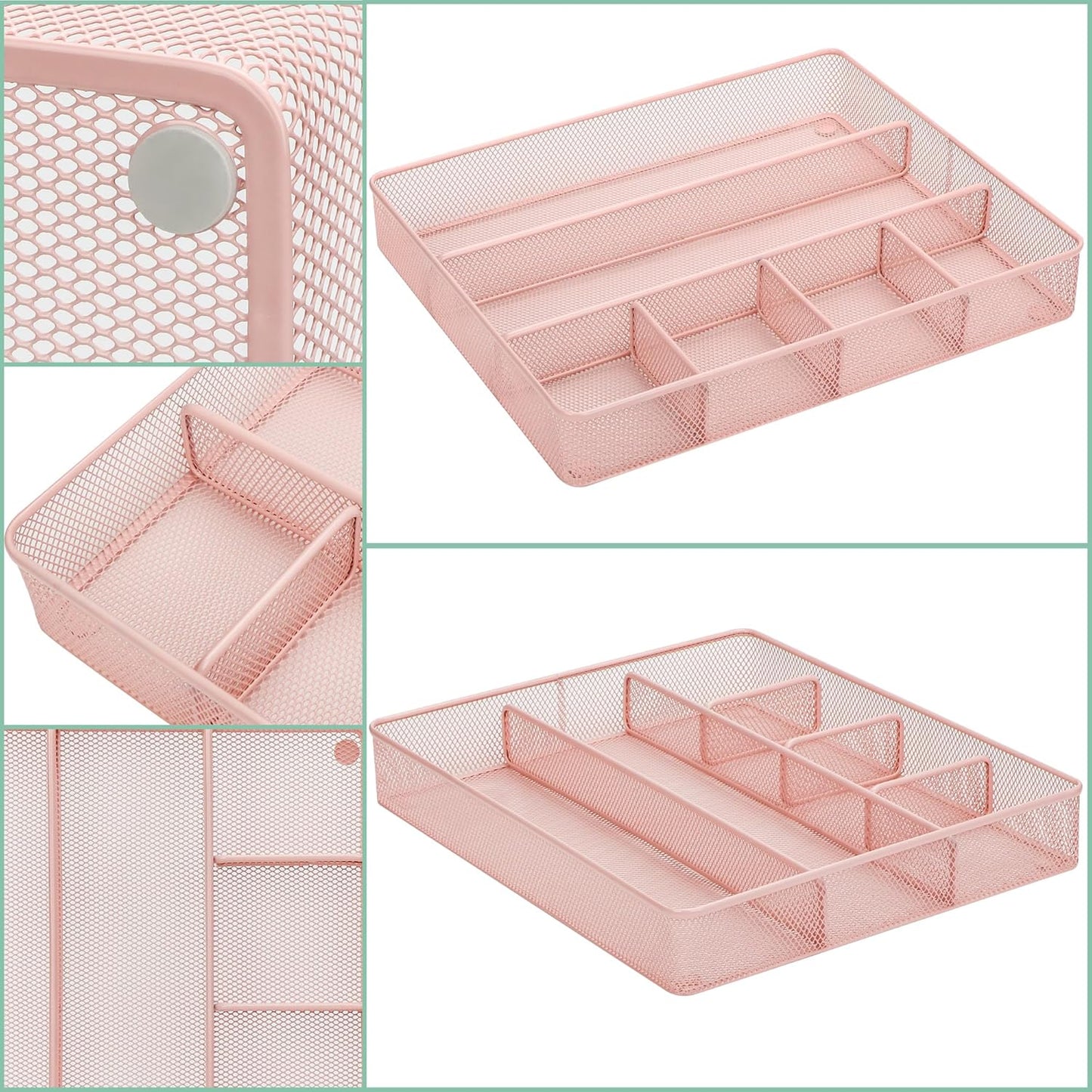 Annova Desk Drawer Organizer Tray for Office Organization - Metal Mesh - Storage Tray with Dividers for Pens, Desktop Accessories, Bathroom, Kitchen, Makeup and Office Supplies (Large) (Light Pink)