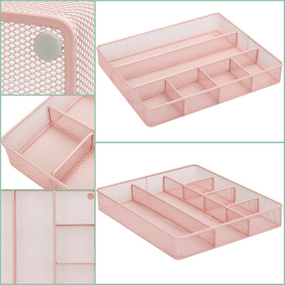 Annova Desk Drawer Organizer Tray for Office Organization - Metal Mesh - Storage Tray with Dividers for Pens, Desktop Accessories, Bathroom, Kitchen, Makeup and Office Supplies (Large) (Light Pink)