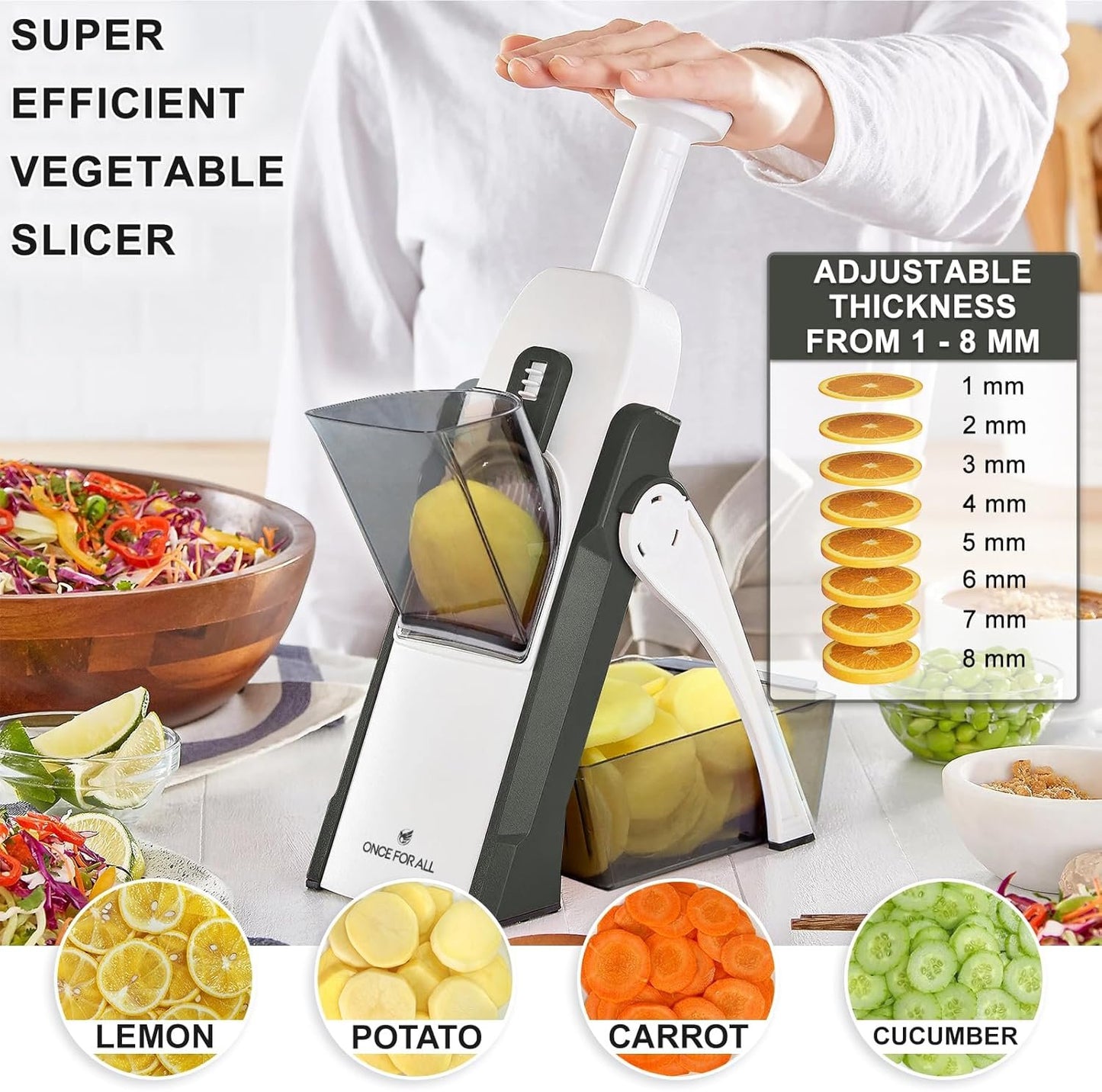 ONCE FOR ALL Safe Mandoline Slicer For Kitchen, Professional Vegetable Slicer Food Potato Slicer, Thickness Adjustable 0.1-8 mm Kitchen Artifact Fast Meal Prep
