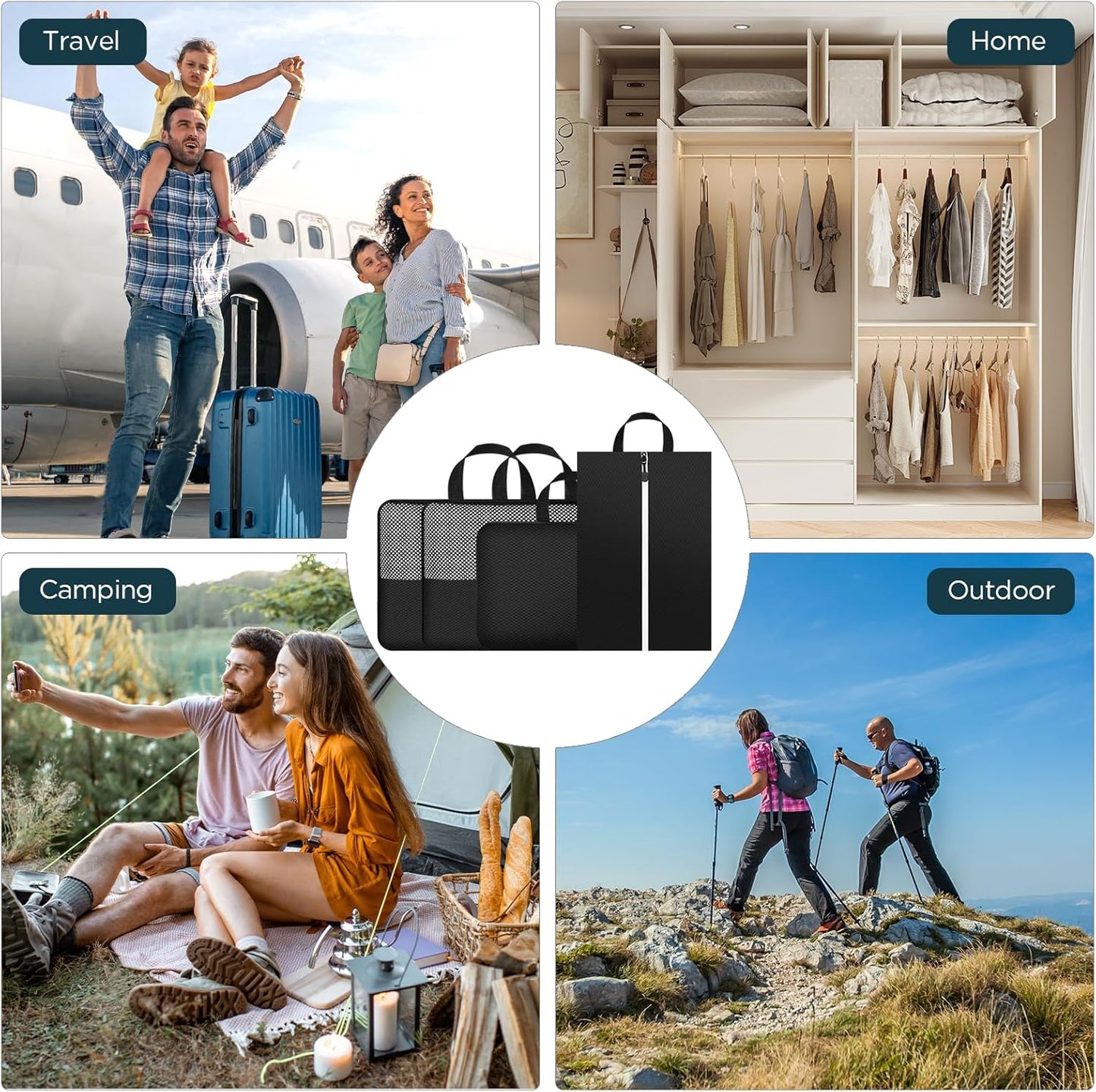 Cozary Set of 4 Double Sided Compression Bags, 3 Compression Cubes 1 Shoe Bag, Compression Packing Cubes Organizer Space-Saving Suitcase for Travel, Hiking and Cruises