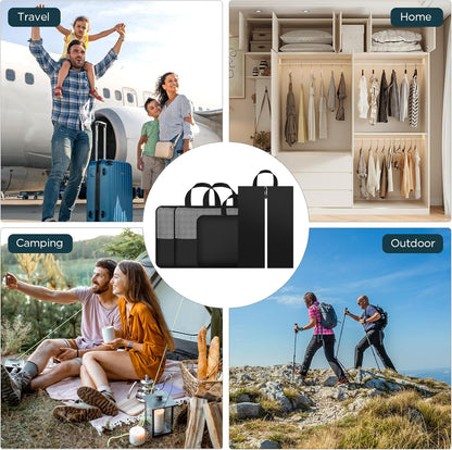 Cozary Set of 4 Double Sided Compression Bags, 3 Compression Cubes 1 Shoe Bag, Compression Packing Cubes Organizer Space-Saving Suitcase for Travel, Hiking and Cruises