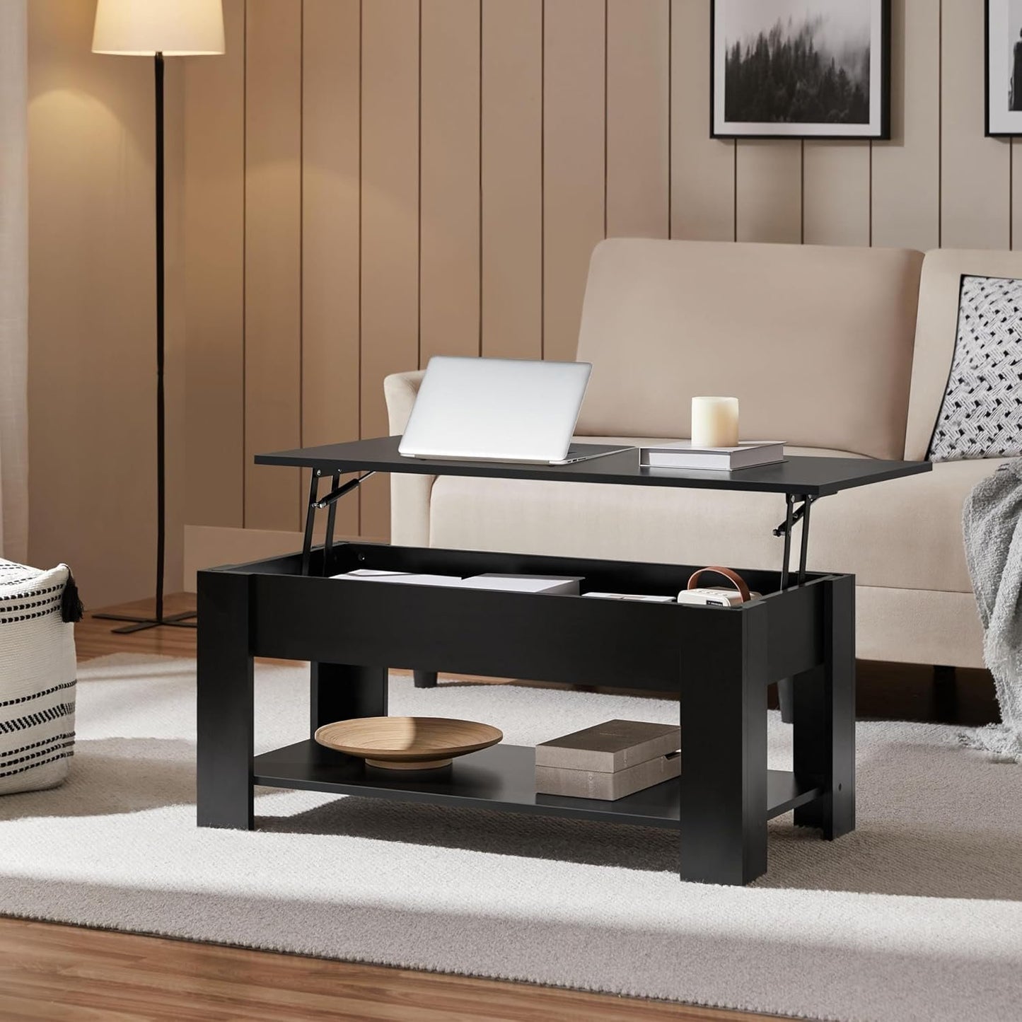 Yaheetech Lift Top Coffee Table with Hidden Compartment and Storage Shelf, Rising Tabletop Dining Table for Living Room Reception Room, 98cm L, Black