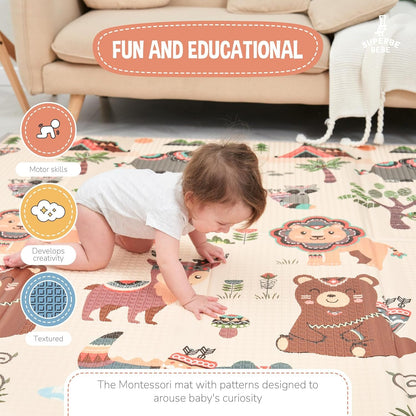 Montessori Folding Children's Play Mat, 150 x 180 x 1 cm, Reversible Non-Toxic and Waterproof Foam for Children, Gym, Baby Tummy Time Mat, Baby Gift